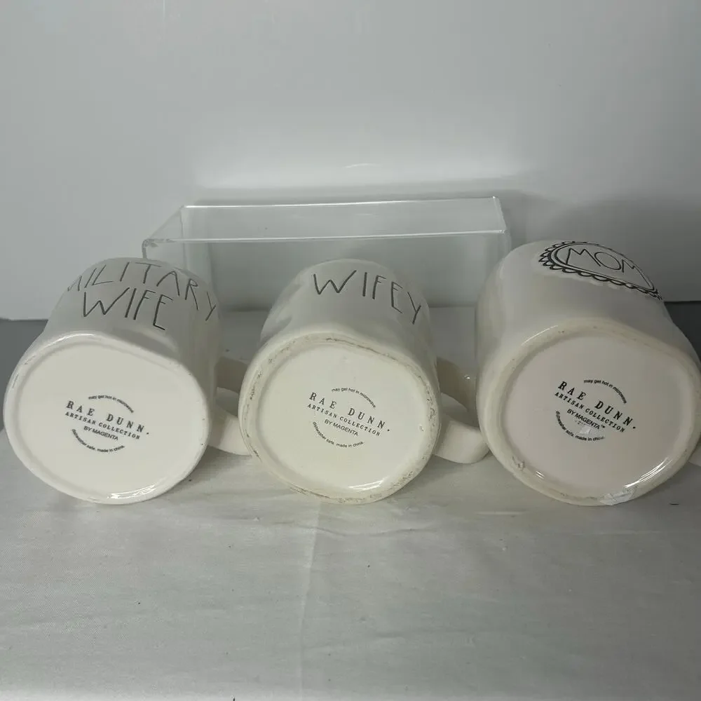 Rae Dunn Set of 3 Mugs Mom Wifey Military Wife Cream Ceramic Farmhouse